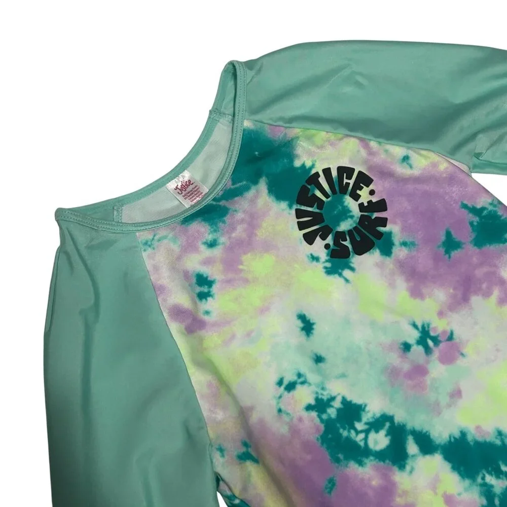 Justice Girls Tie-Dye Long Sleeve Rash Guard Swimsuit Set Girl's Large 1713